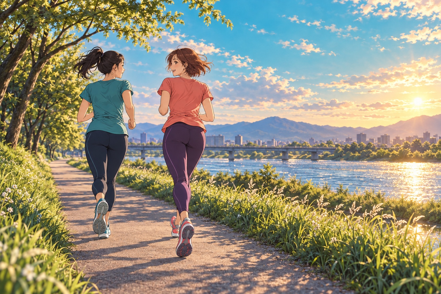 光が差す川沿いを、自分のペースで走る女性たち