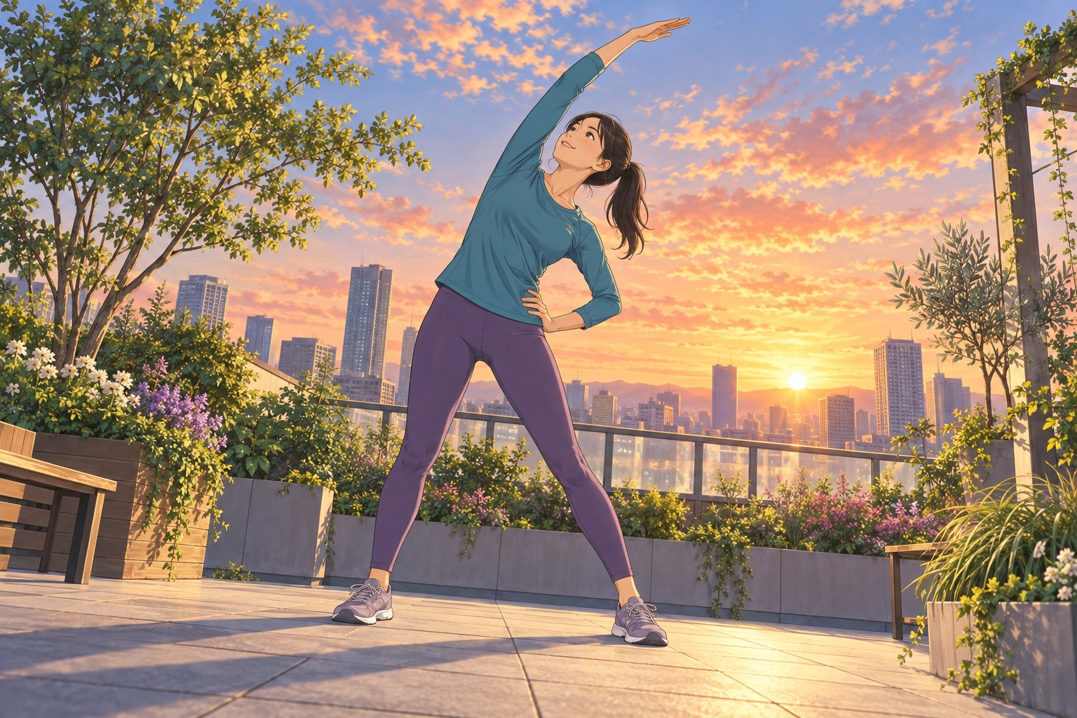 朝の空の下でストレッチする女性